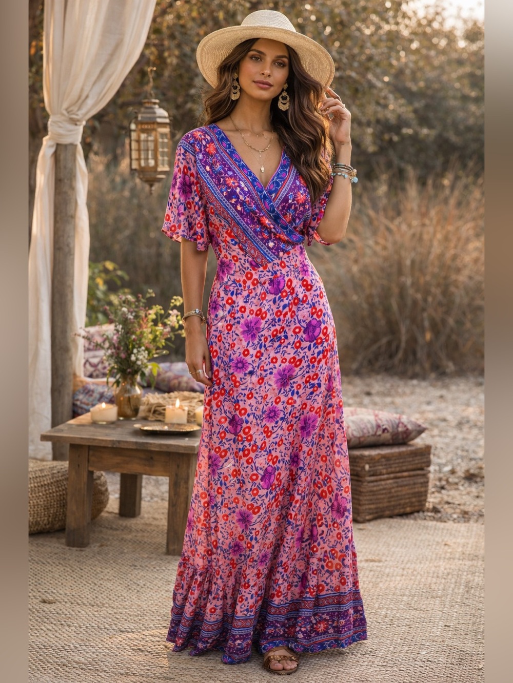 ZESICA NWOT Floral Boho Wrap Maxi Dress Rayon Size XXL